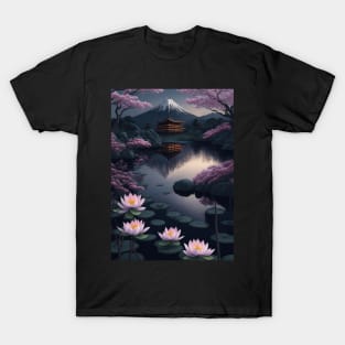 Serene Mount Fuji Sunset - Peaceful River Scenery - Lotus Flowers T-Shirt